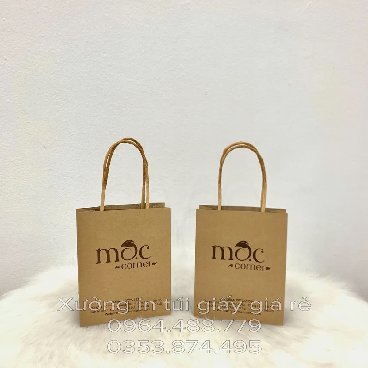 Túi giấy Mộc Corner, Kraft nâu 170gsm, quai dây giấy nâu, do In Bình An in