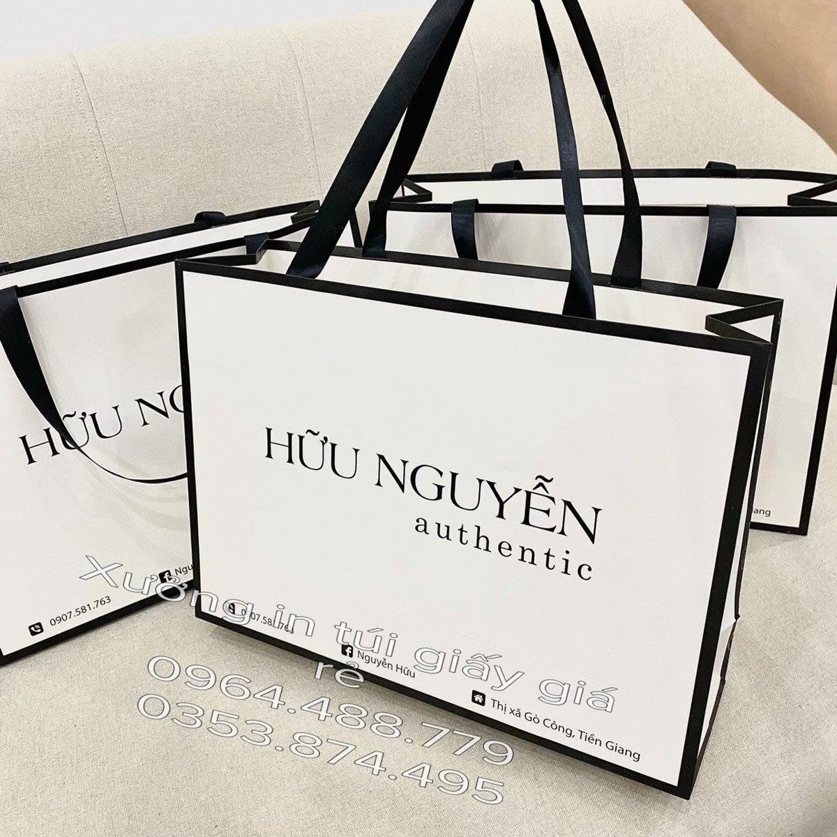 Túi giày, quần áo cỡ lớn, Ivory 250gsm, cán mờ, quai dây lụa ẩn, do In Bình An in cho Hữu Nguyễn Authentic, Jéci